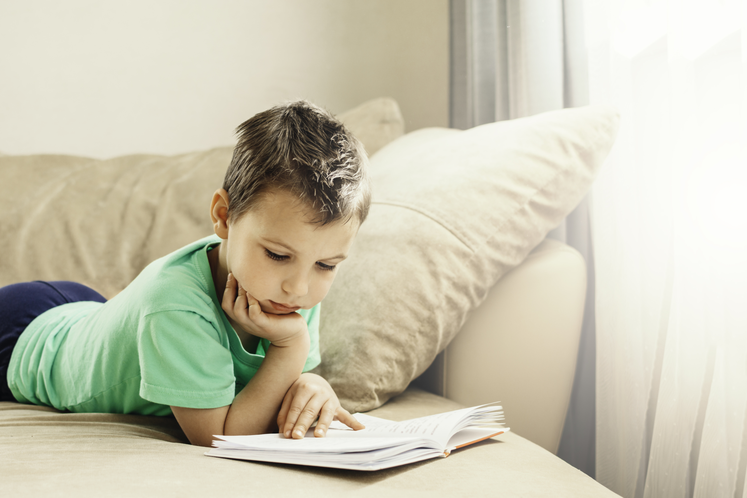 Young boy reading at home